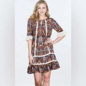 Matilda Jane Womens Make Believe Intermission Dress Large Brown Floral Lace BOHO